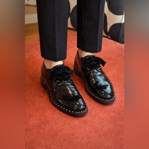 Black Patent Leather Studded Oxfords Velvet Bow Lace-Up Shoes